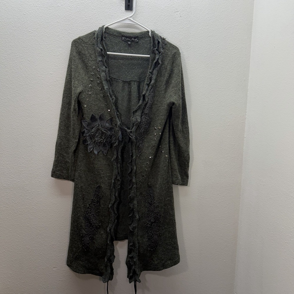 Pretty Angel Green Knit Lace Ruffle Cardigan Sweater‎ SZ S Fairy Whimsigoth Boho
